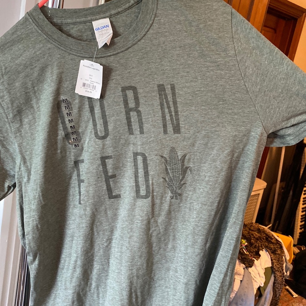 Corn Fed T-shirt heather military green. Ladies Medium